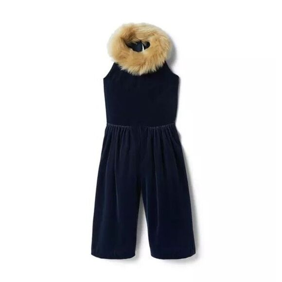Janie and Jack Velvet Faux Fur Collar Jumpsuit girl’s size 7 Navy Blue - Picture 1 of 9